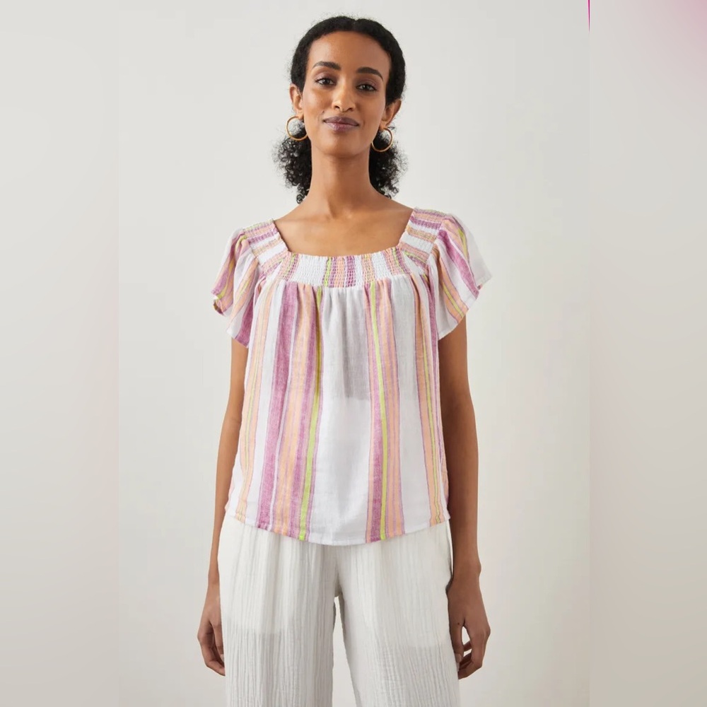 Rails linen blend stripes Elastic Square Neck Sz Large
